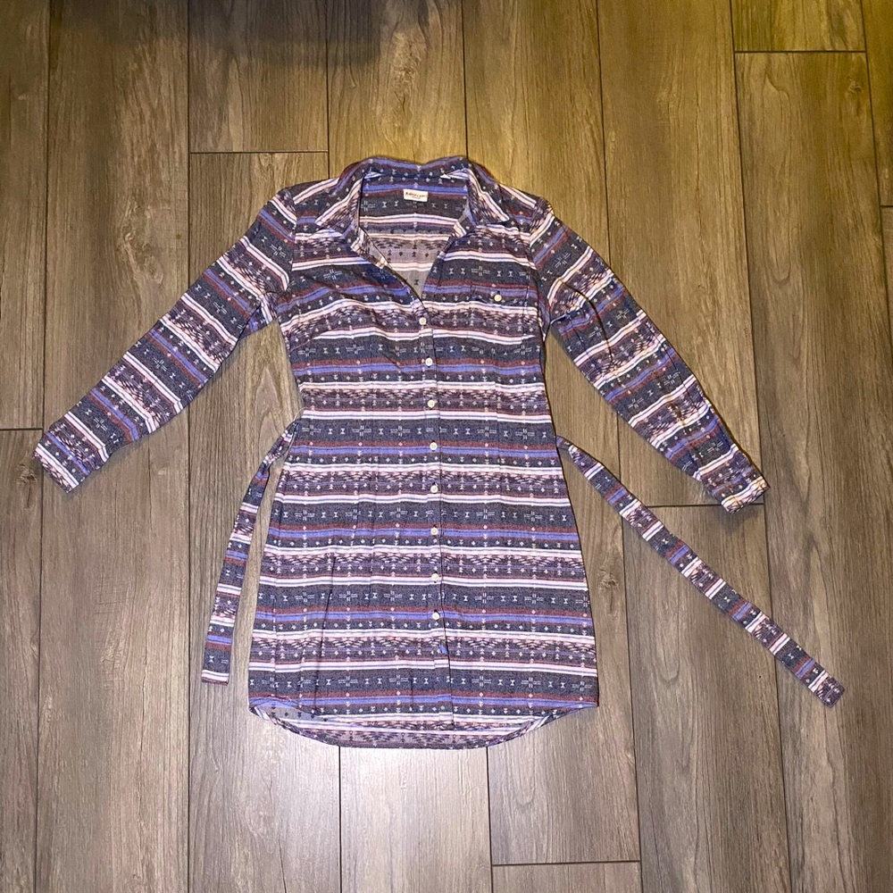 EUC Bridge & Burn Button Down Long Sleeve Collared Belted Flannel Shirt Dress
